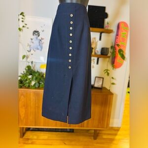 Vintage Marie Claire Navy Button-Front Midi Skirt | Made in Canada